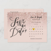 Sla de Datum Kalender QR Code Roos Gouden Glitter Aankondigingskaart (Voorkant / Achterkant)