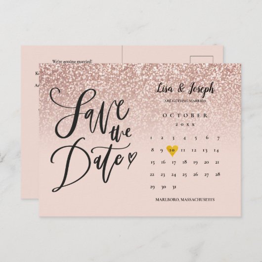 Sla de Datum Kalender QR Code Roos Gouden Glitter Aankondigingskaart (Voorkant / Achterkant)