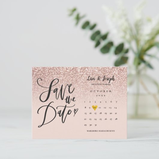 Sla de Datum Kalender QR Code Roos Gouden Glitter  Aankondigingskaart (Staand voorkant)