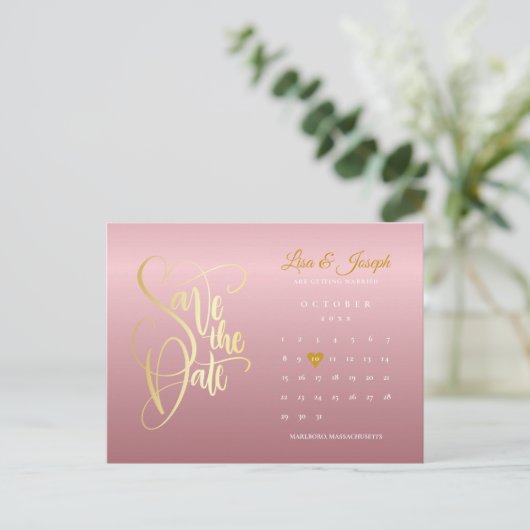Sla de datum Kalender Roos Goud Chic Love Heart Aankondigingskaart (Staand voorkant)