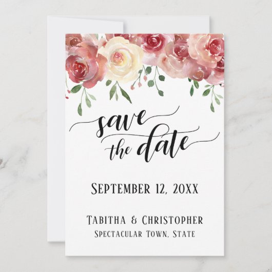 Sla de datum kalligrafie, bourgogne, blush Rozen Save The Date (Voorkant)