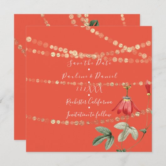 Sla de datum koraal wit gouden string bloemen save the date (Voorkant / Achterkant)