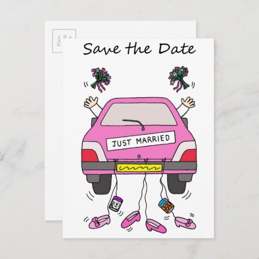 Sla de datum Lesbische bruiloft Cartoon auto Aankondigingskaart (Voorkant / Achterkant)