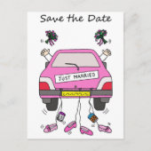 Sla de datum Lesbische bruiloft Cartoon auto Aankondigingskaart (Voorkant)