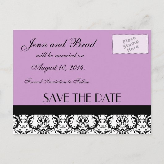 Sla de datum Lila Monogram Damask Kaart (Achterkant)