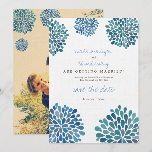 Sla de datum Linen Blue Waterverf Dahlias op Save The Date (Voorkant / Achterkant)