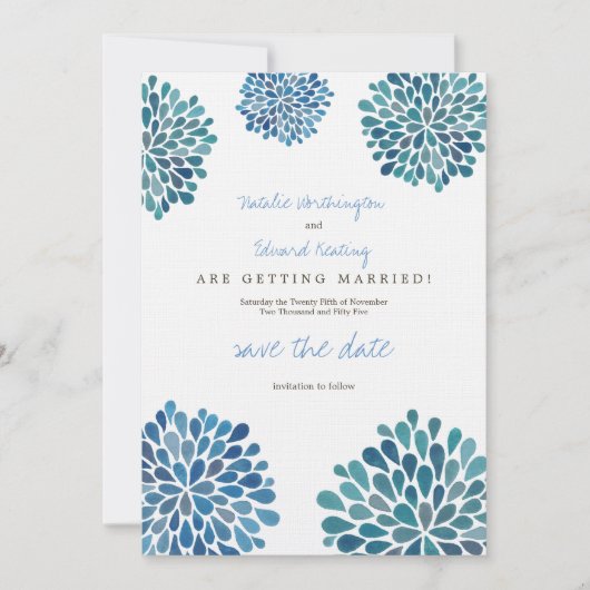 Sla de datum Linen Blue Waterverf Dahlias op Save The Date (Voorkant)