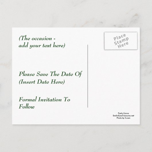 Sla de datum Llama Animal Photo Briefkaart (Achterkant)