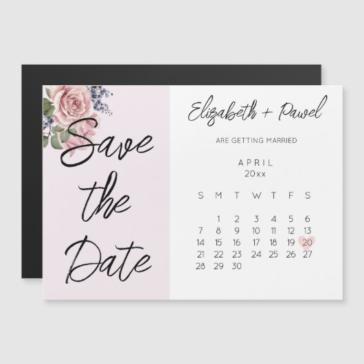 Sla de datum magneet kalender met roze bloemen magnetische uitnodiging (Voorkant / Achterkant)