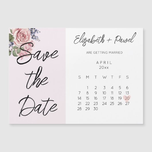 Sla de datum magneet kalender met roze bloemen magnetische uitnodiging (Voorkant)