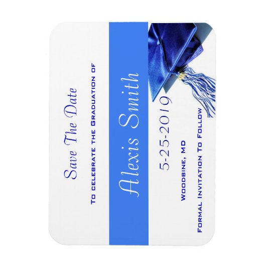 Sla de datum magneten - blauwe graduatie cap (Verticaal)