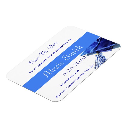 Sla de datum magneten - blauwe graduatie cap (Linkerzijde)