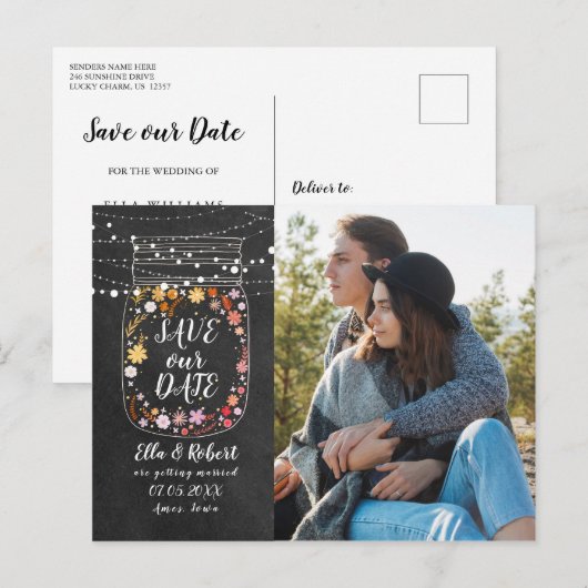 Sla de datum Mason Jar Slingerlichtjes Boho Foto Aankondigingskaart (Voorkant / Achterkant)