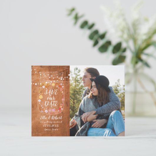 Sla de Datum Mason Jar String Lights Rustieke Foto Briefkaart (Staand voorkant)