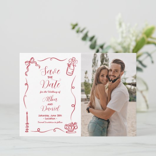 Sla de datum met de hand getekend geïllustreerd gr save the date (Staand voorkant)