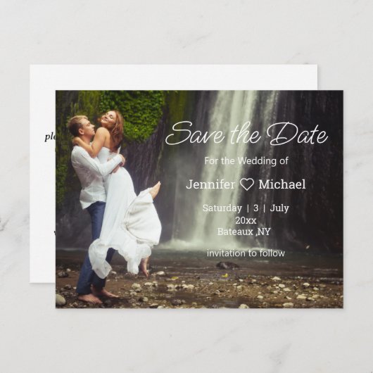 Sla de datum minimalistisch script QR code foto ch Aankondigingskaart (Voorkant / Achterkant)