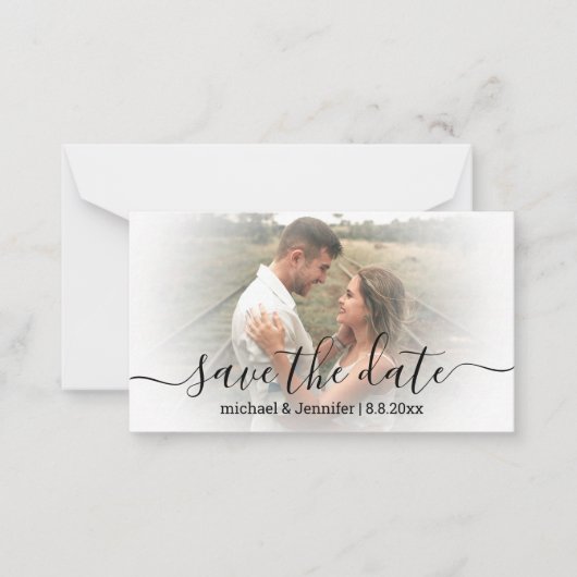 sla de datum moderne kalligrafie trouwfoto op notitiekaartje (Voorkant)