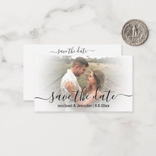 sla de datum moderne kalligrafie trouwfoto op notitiekaartje (Voorkant / Achterkant in situ)