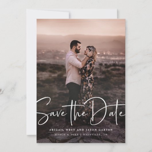 Sla de datum moderne scriptfoto op save the date (Voorkant)