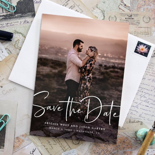 Sla de datum moderne scriptfoto op save the date
