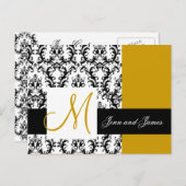 Sla de datum Monogram Damask Wedding Gold op Aankondigingskaart (Voorkant / Achterkant)