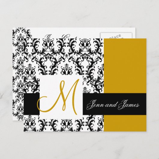 Sla de datum Monogram Damask Wedding Gold op Aankondigingskaart (Voorkant / Achterkant)