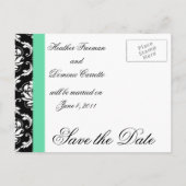 Sla de datum Monogram Damask Wedding Kaarten (Achterkant)