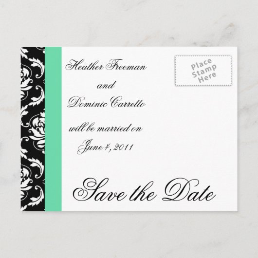Sla de datum Monogram Damask Wedding Kaarten (Achterkant)