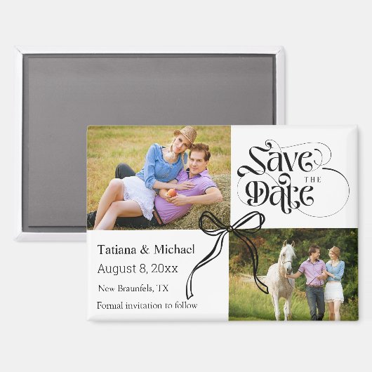 Sla de datum op 2 foto's Coquette Bow Ribbon Moder Magneet (Voorkant / Achterkant)