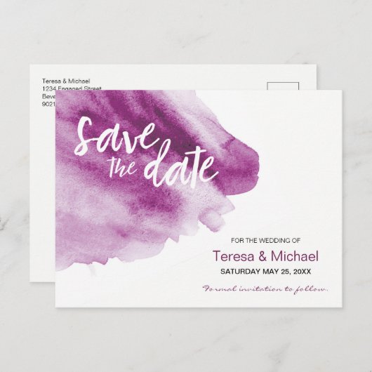 Sla de datum op, Aangepaste Waterverf, Plum Paarse Aankondigingskaart (Voorkant / Achterkant)