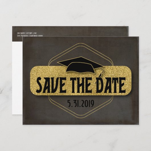 Sla de datum op Afstuderen Modern Black Grey Gold Briefkaart (Voorkant / Achterkant)