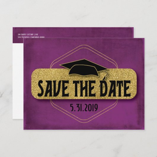Sla de datum op Afstuderen Modern Paarse Gold Briefkaart (Voorkant / Achterkant)