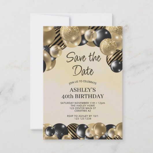 Sla de datum op Black Gold Balloons 40e verjaardag Kaart (Voorkant)