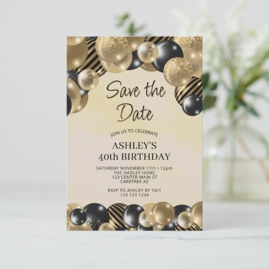 Sla de datum op Black Gold Balloons 40e verjaardag Kaart (Staand voorkant)