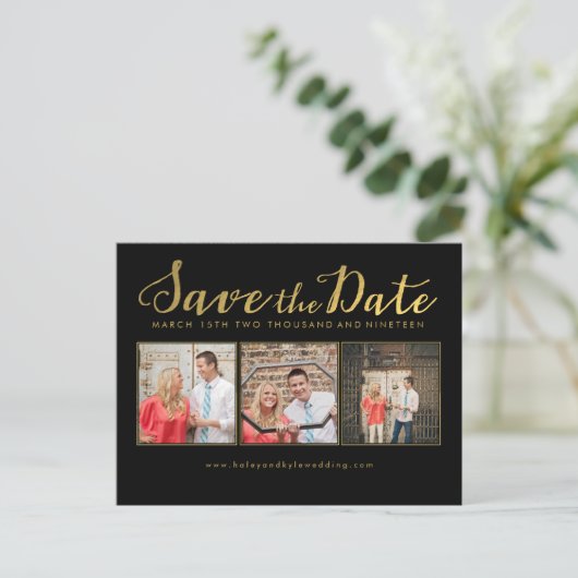 Sla de datum op Black Gold Script-fotokaarten Aankondigingskaart (Staand voorkant)