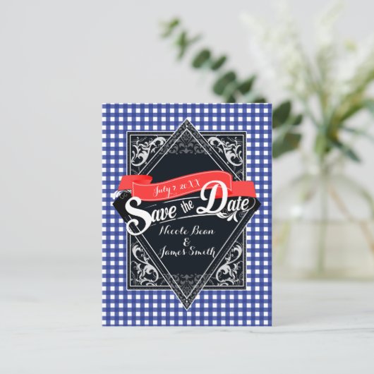 Sla de datum op Blue Checkered Gingham Verloving Briefkaart (Staand voorkant)