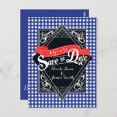 Sla de datum op Blue Checkered Gingham Verloving Briefkaart (Voorkant / Achterkant)