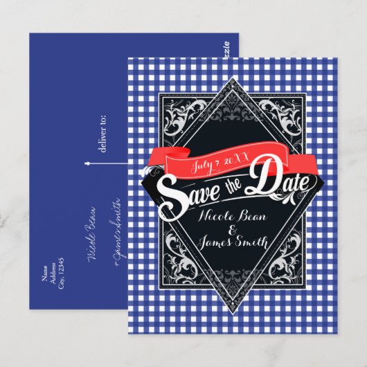 Sla de datum op Blue Checkered Gingham Verloving Briefkaart (Voorkant / Achterkant)