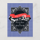 Sla de datum op Blue Checkered Gingham Verloving Briefkaart (Voorkant)