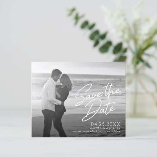 Sla de datum op Casual Script Budget Bruiloft (Staand voorkant)