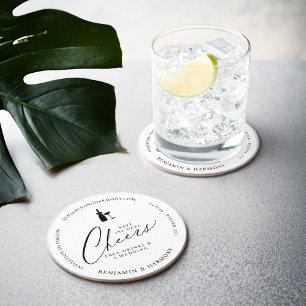 Sla de datum op Cheer! Gratis Drinken & een bruilo Ronde Kartonnen Onderzetter