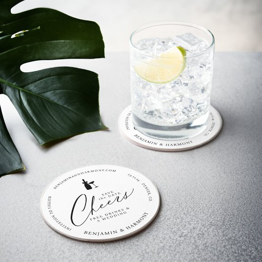 Sla de datum op Cheer! Gratis Drinken & een bruilo Ronde Kartonnen Onderzetter