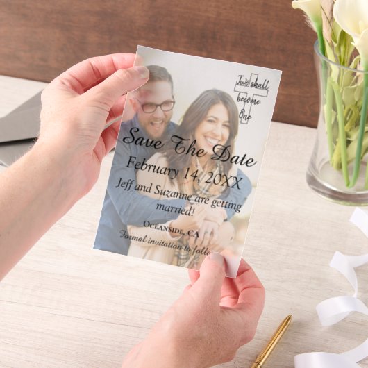 Sla de datum op Christelijke verloofde aankondigin Vellum Uitnodigingen (Draagbaar)