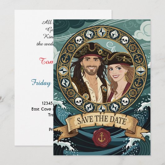 Sla de datum op Coole piratenbruiloft Save The Date (Voorkant / Achterkant)