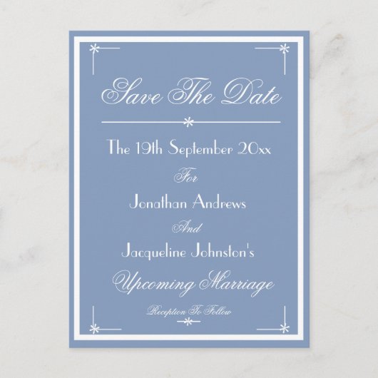 Sla de datum op Dusty Blue Announcement Briefkaart (Voorkant)