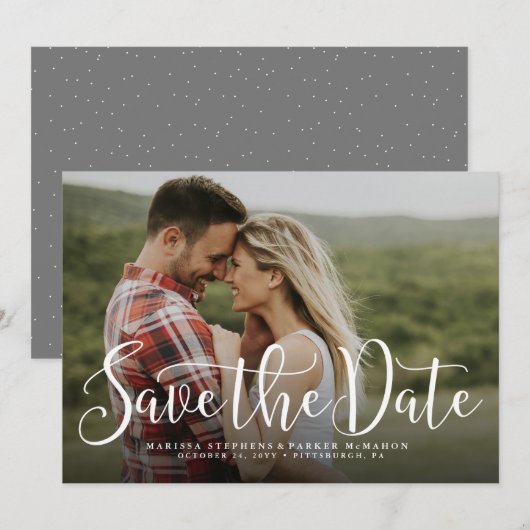 Sla de datum op eenvoudig script horizontale fotok save the date (Voorkant / Achterkant)