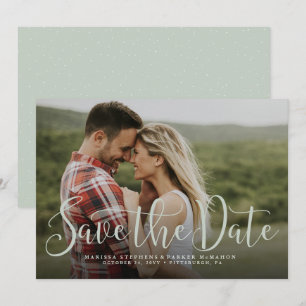 Sla de datum op eenvoudige script lichtgroene foto save the date
