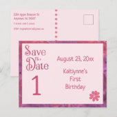 Sla de datum op Eerste verjaardag voor een meisje Aankondigingskaart (Voorkant / Achterkant)