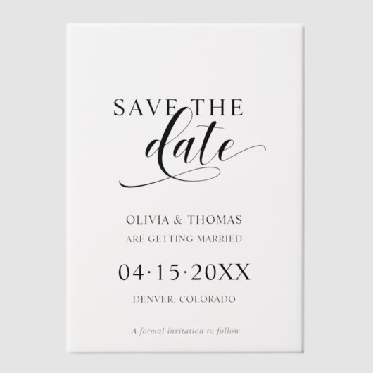 Sla de datum op Elegant Modern Script Wedding Vellum Uitnodigingen (Voorkant)
