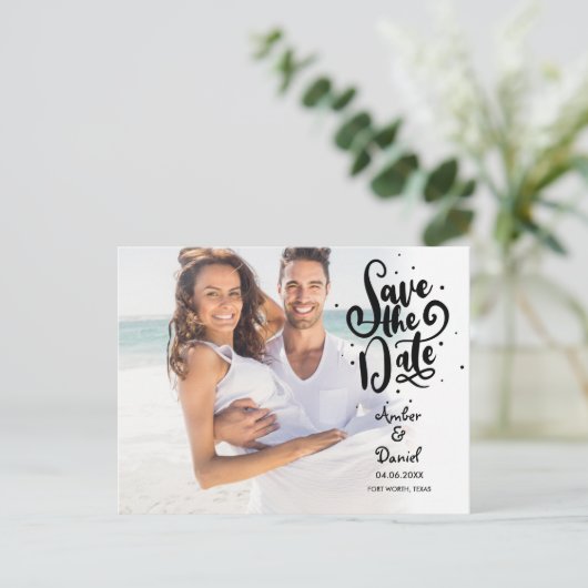 Sla de datum op Elegant script foto ansichtkaart Aankondigingskaart (Staand voorkant)